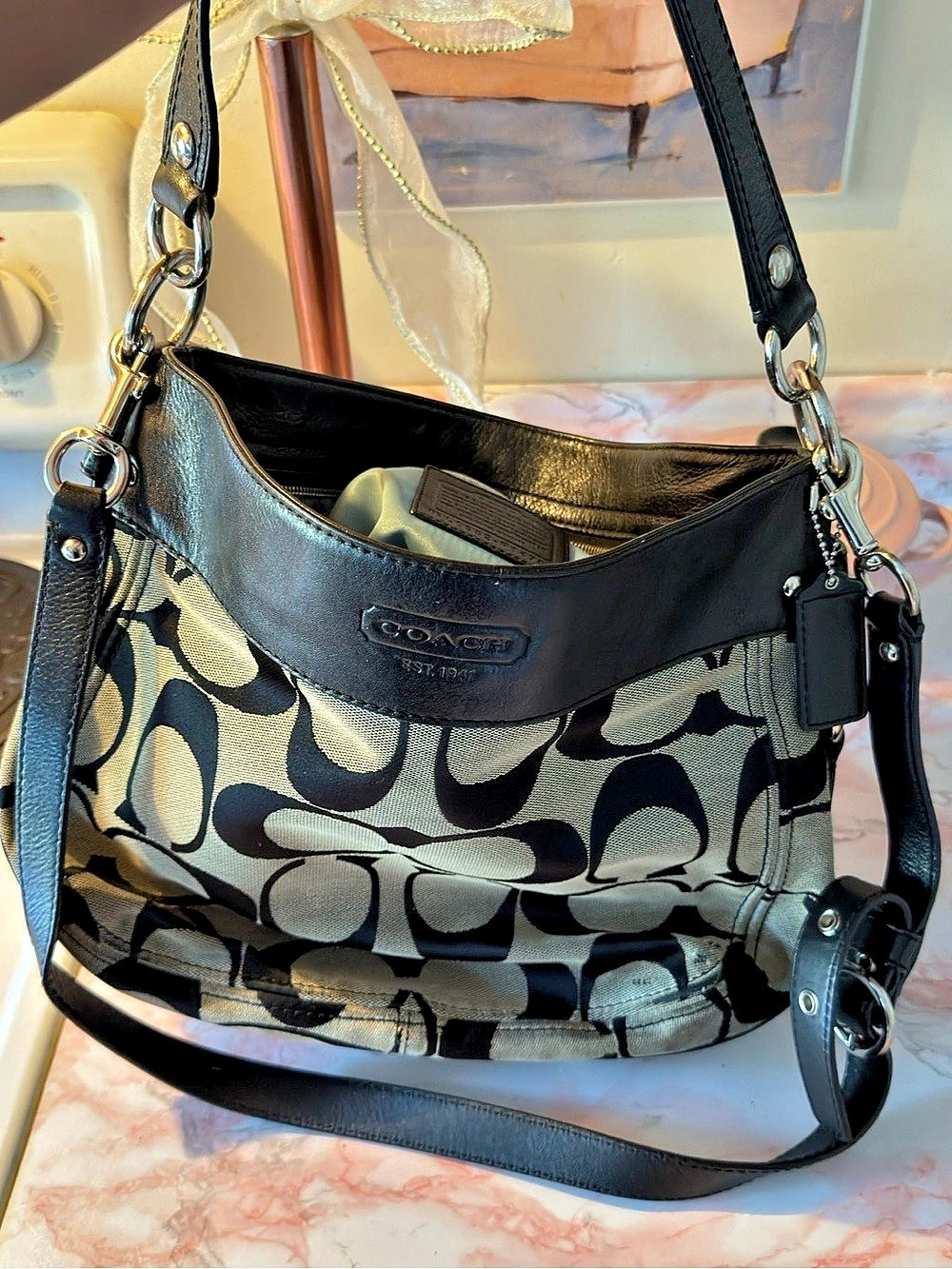 Coach Signature Jacquard Hobo Bag Shoulder Bag in Black & Brown
